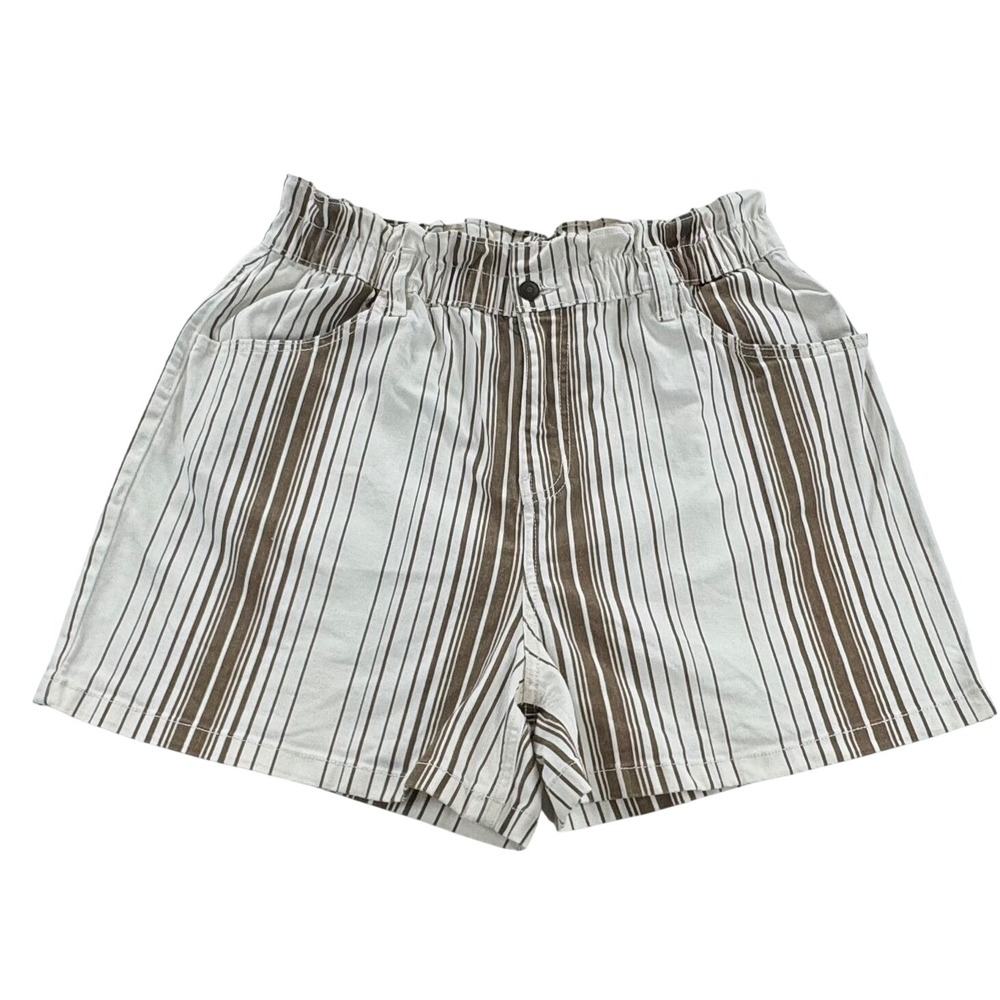 Time and Tru Shorts Women 16 White Brown vertical Striped Paperbag Waist Cotton